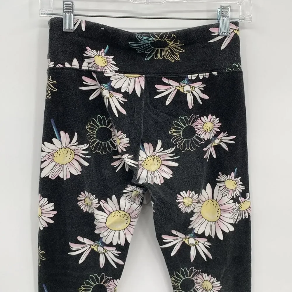 Justice Black Floral White Daisy Elastic Waist Leggings XL 16/18